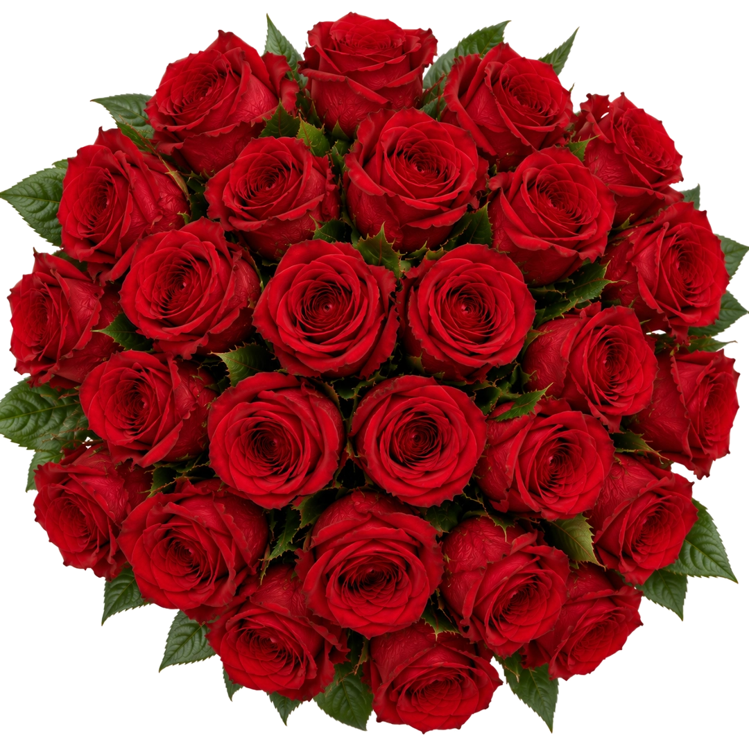 Vista cenital do Ramo Elegance de 25 rosas vermelhas QRoses