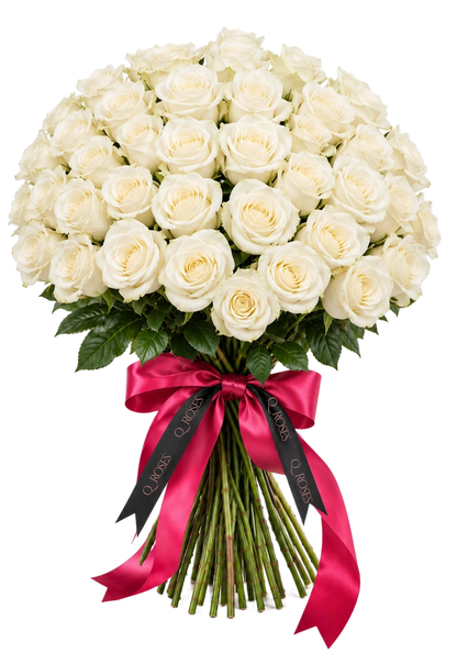 Ramo Elegance 50 com rosas brancas premium e laço QRoses