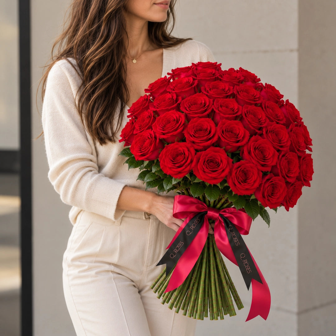 Mulher com Ramo Elegance 50 de rosas vermelhas mostrando as dimensões do ramo