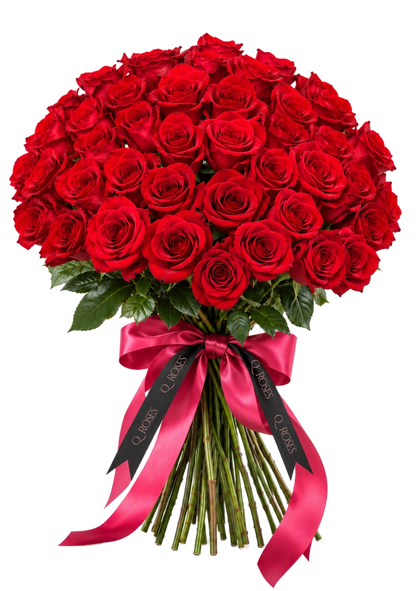 Ramo Elegance 50 com rosas vermelhas premium e laço QRoses