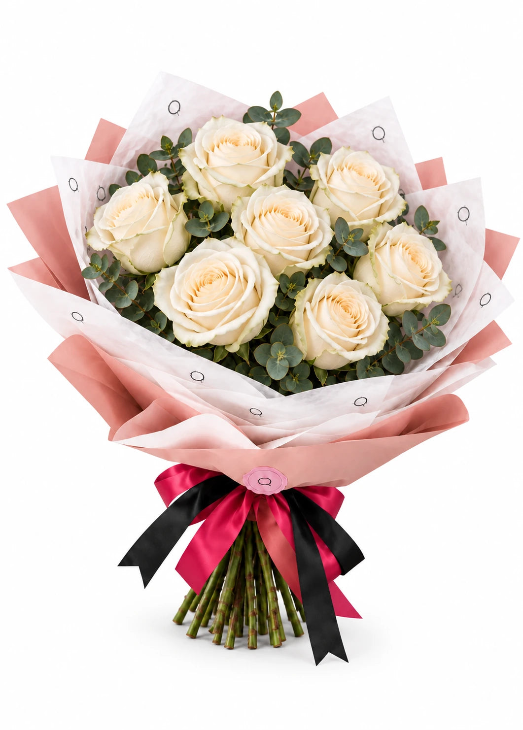 Ramo Essential com rosas brancas e laço QRoses
