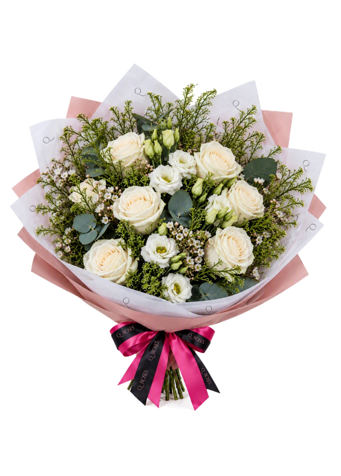 Ramo misto QRoses com rosas brancas, lisianthus branco, wax flower, lepidium e eucalipto