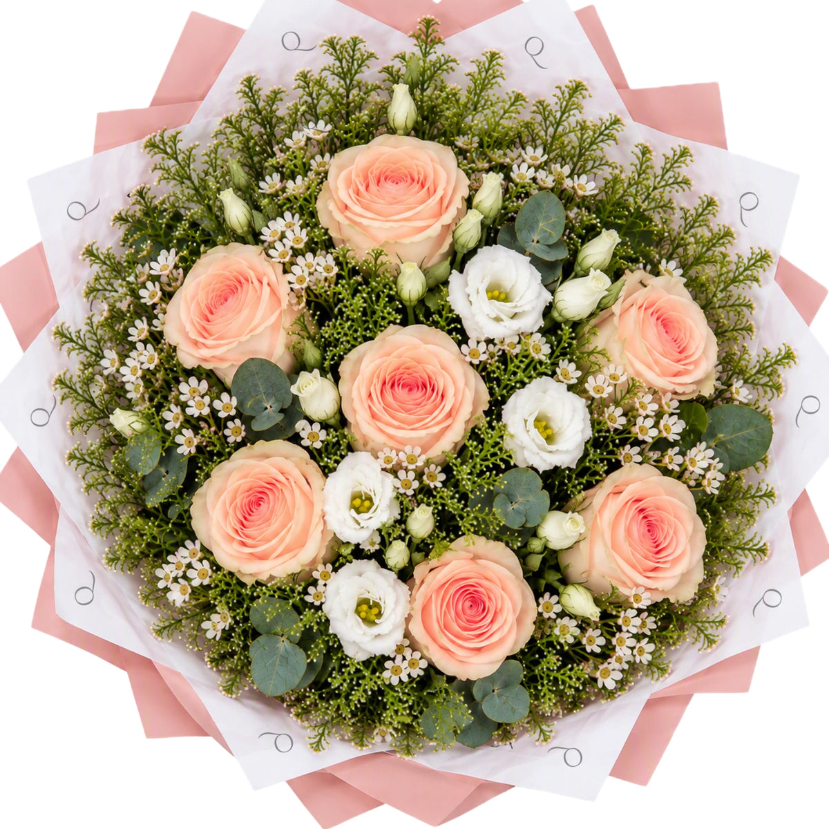 Vista cenital de ramo misto com rosas pêssego, lisianthus branco, wax flower, lepidium e eucalipto