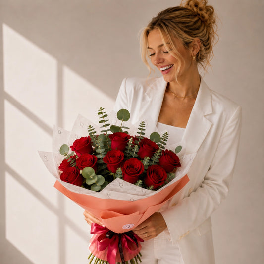 Mulher com Ramo Premium QROSES de rosas vermelhas