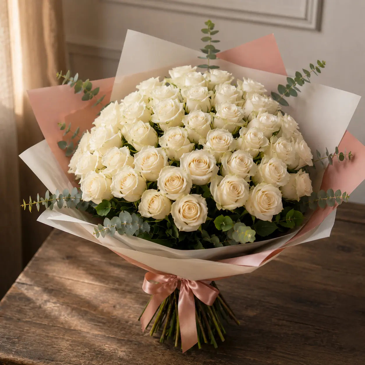 Ramo premium de rosas brancas sobre mesa de madeira, com papel elegante, eucalipto e laço rosa.