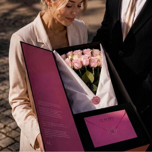 Casal com Caixa Signature QROSES de rosas cor-de-rosa