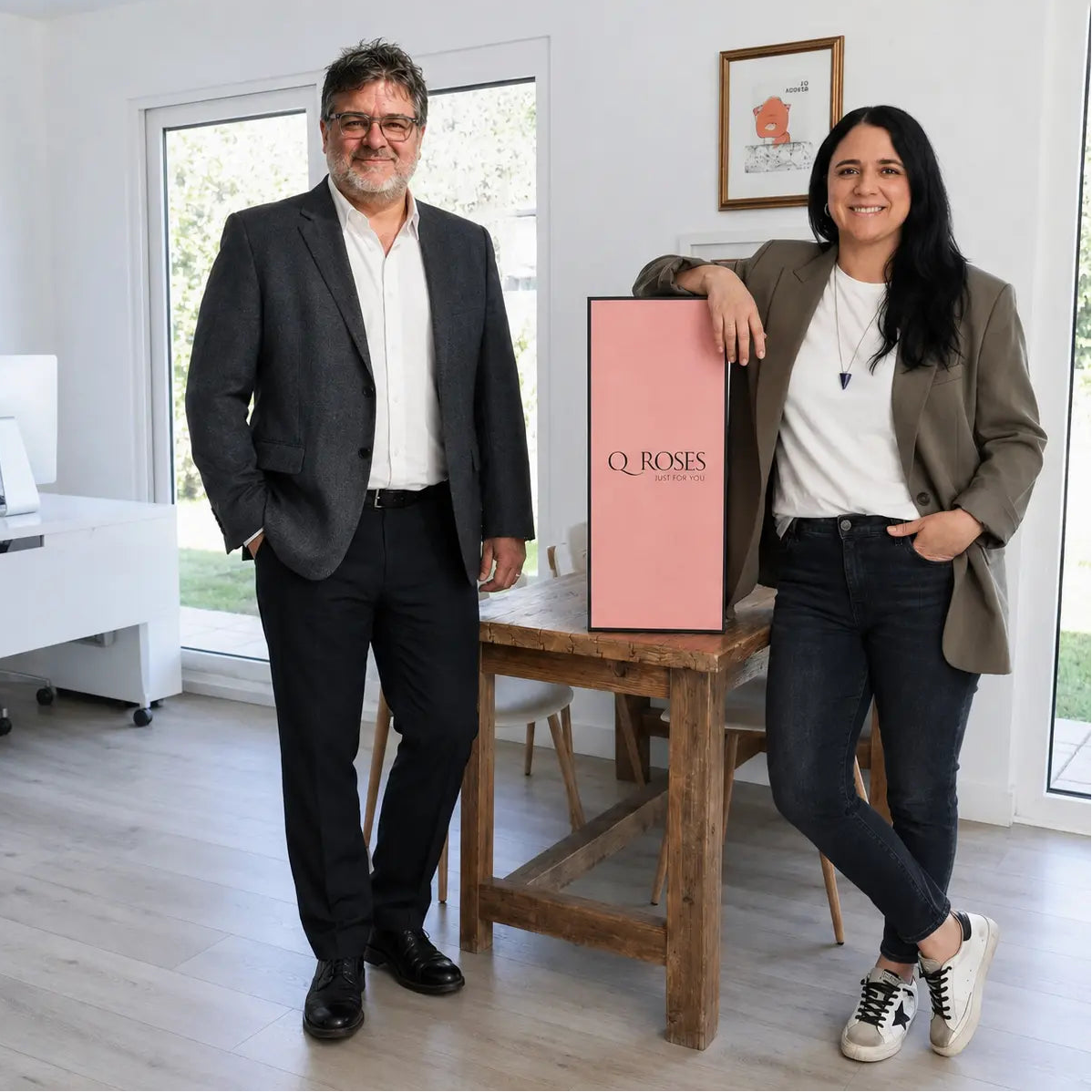 Sócios da QRoses Rollin Thorne e Talia Zeni com caixa Signature da marca em Portugal